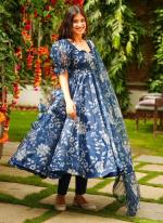 Blue Organza Party Wear Digital Printed Gown With Dupatta